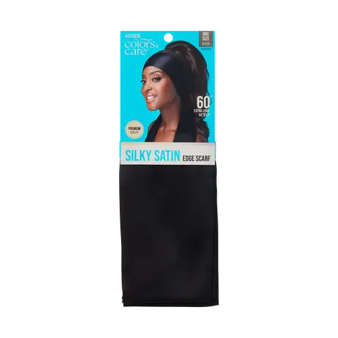 Kiss Colors & Care Silky Satin Edge Scarf - Black | Head Scarf, Hair Scarf, 60"L x 4"W, Hair Accessories
