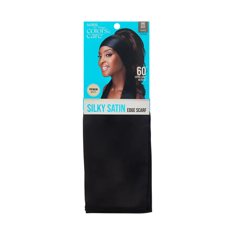 Kiss Colors & Care Silky Satin Edge Scarf - Black | Head Scarf, Hair Scarf, 60"L x 4"W, Hair Accessories