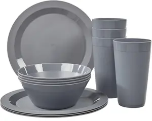 US Acrylic Newport Plastic Plate, Bowl and Tumbler Dinnerware Set for 4 in Grey Stone| 12-Piece Drinking and Dining Set| Reusable, BPA-free, Made in the USA, Top-rack Dishwasher Safe
