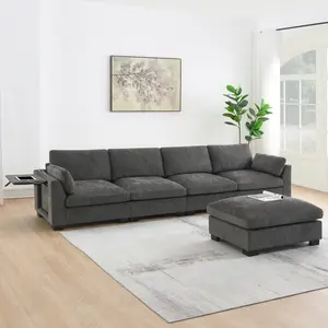 130" Modular Sectional Sofa Couch, L-Shape with Folding Table and Dual-Port Charging, Side Storage Pockets, 2 Armrest Pillows, Free Movement Ottoman, High Density Foam, Chenille, 5 Seat