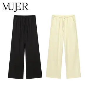 MUJER Pleated Baggy Pants Woman Yellow Black High Waist Pants for Women Summer Wide Leg Pants for Women Casual Women's Pants