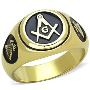 Men's Mason Masonic Freemason  Yellow Gold Plated Stainless Steel Ring with Black Epoxy Accents Jewelry