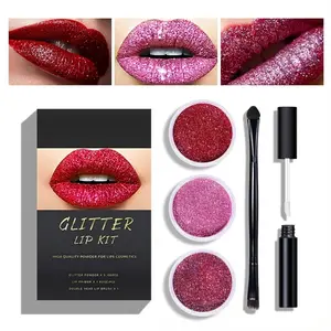 Lip Glitter Kit with 3 Metallic Lip Powder Set, Primer & Brush, High Pigment Non-Sticky Vegan Makeup for Parties Festivals
