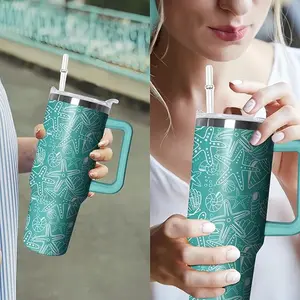 40oz Starfish Tumbler with Handle, Animal Lovers Gifts for Women Men, Beach Conch Shell Stainless Steel Cup