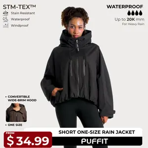 【Restocked】PUFFIT STM-TEX Short One-Size Rain Jacket With Pleated Hem,Hooded Jacket,Waterproof Jacket,Women Jacket,Wide-Brim Hood,Adjustable Cuffs,Zips,Outdoor Sport,Jacket,Statements,Windbreaker,Spring,Dog Walking,School Running,Football Mum