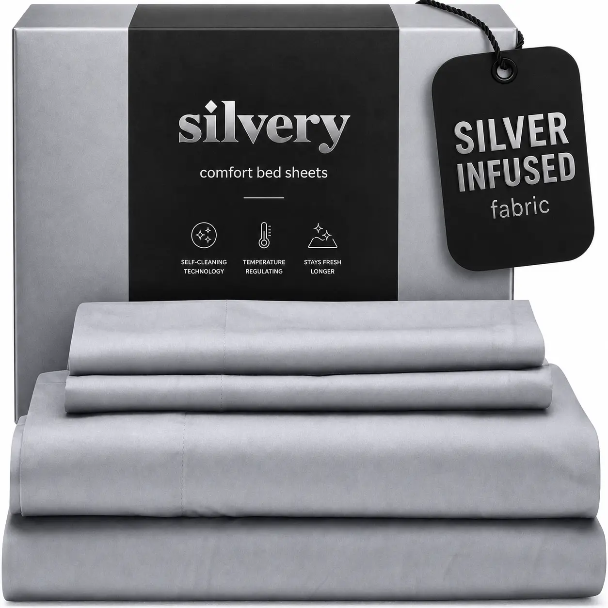 SILVERY Lab Certified Solid Silver-Infused Anti-Allergic Bed Sheets Set - Skin-Friendly, Cooling, Ultra-Soft, Temperature-Regulating, Breathable Fabric with Self-Cleansing Tech for 3X Longer Freshness, Hygienic Sleep, Machine Washable