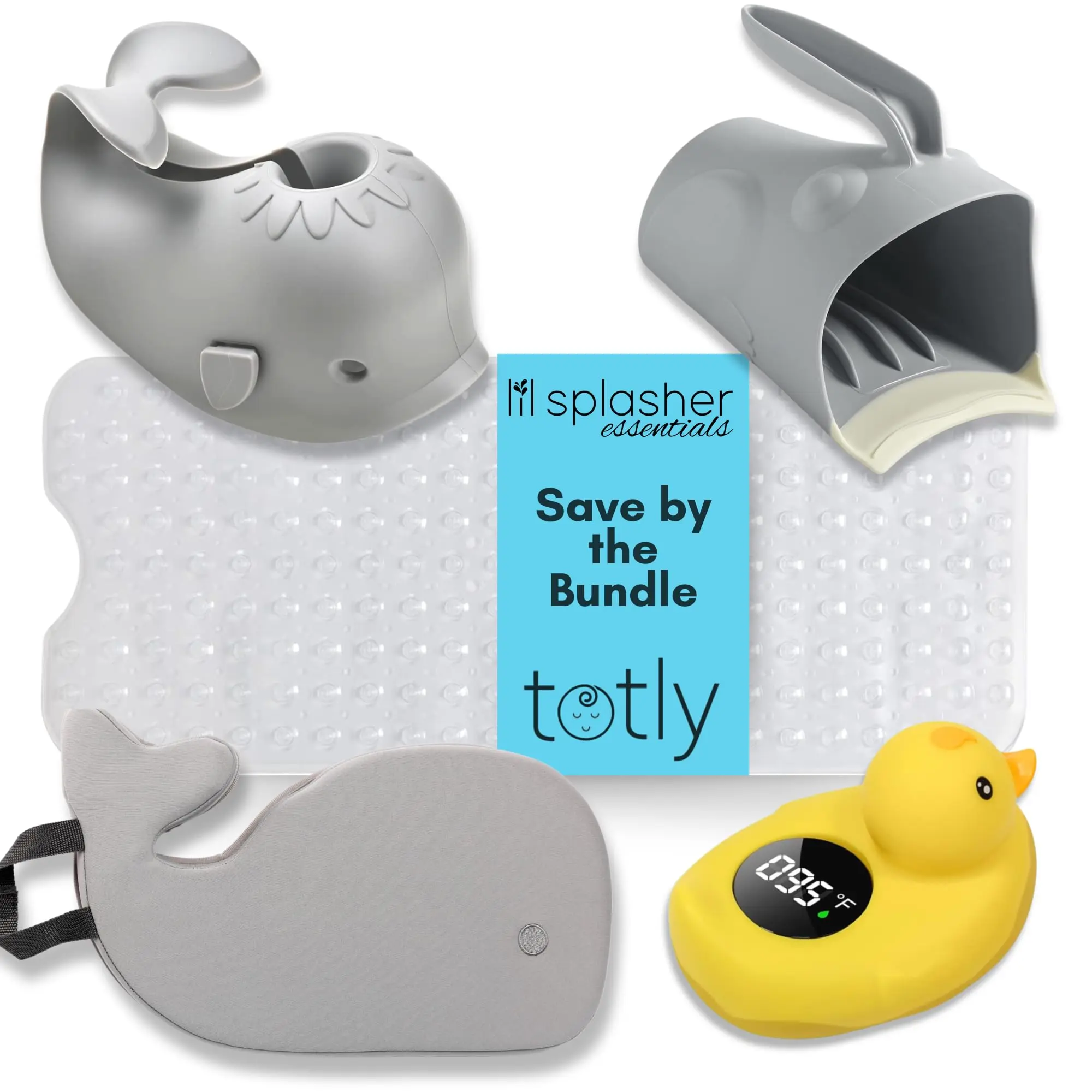 Totly 5 Pcs Baby Bath Essentials Set - Bath Thermometer, Baby Bath Mat, Bath Spout Cover, Bath Rinse Cup, Bath Kneeler - Baby Bath Accessories