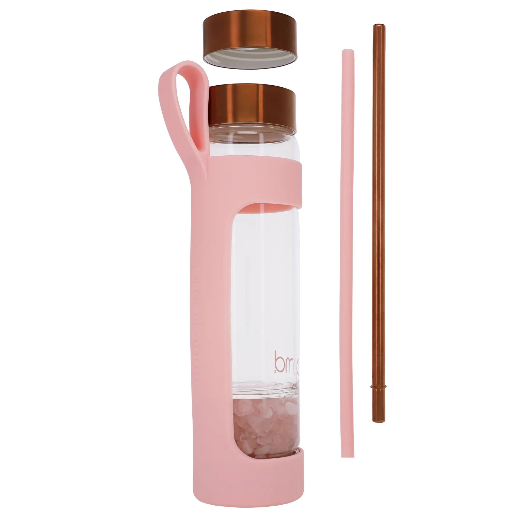 PMD Aqua Glass Water Bottle - Reusable Bottle with Silicone Sleeve, Rose Quartz, Straw, 2 Lids, and Accessories