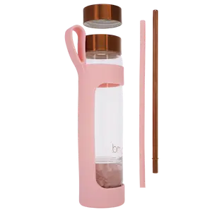 PMD Aqua Glass Water Bottle - Reusable Bottle with Silicone Sleeve, Rose Quartz, Straw, 2 Lids, and Accessories