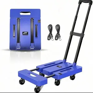 500 LB Heavy Duty Folding Hand Truck - 6-Wheel Utility Dolly Platform Cart With 2 Elastic Ropes For Moving, Travel, Shopping