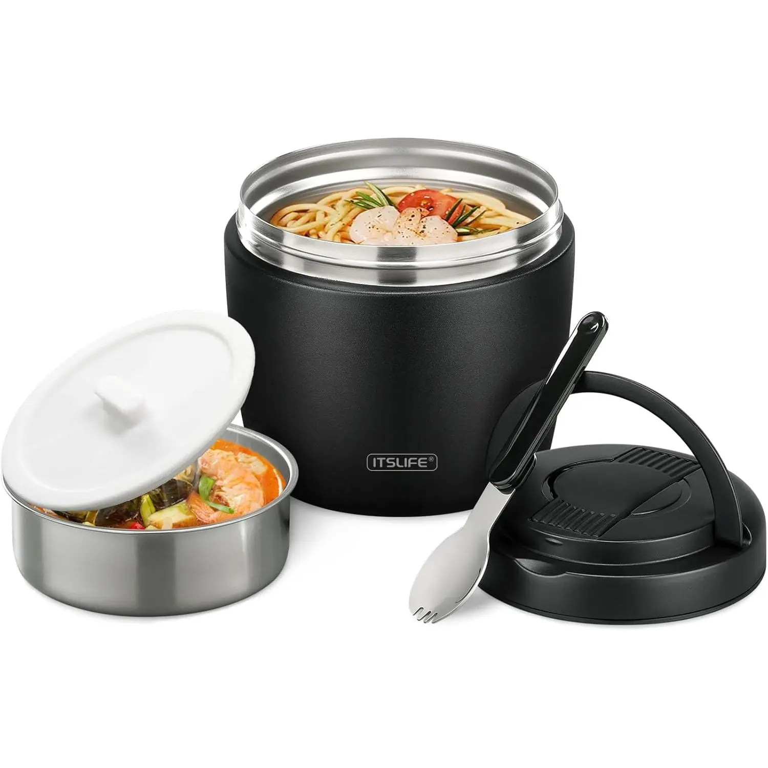 32oz Insulated Soup Thermo Vacuum Stainless Steel Food Jar for Hot & Cold Food Leakproof Wide Mouth Lunch Container with Spoon Black, Lunch Boxes, Food Insulated Lunchbox