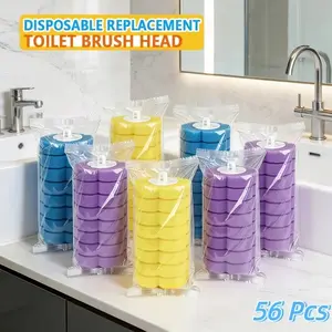 56-Piece Toilet Cleaning Rod Replacement Set, Three-Color Transparent Packaging, Disposable Toilet Head Pads, Suitable for Bathtub and Sink