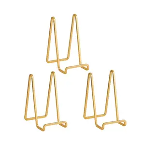 3 pieces of gold display stand, metal triangular bracket, suitable for home decoration, can hold plates, paintings, photo frames, collectibles, stable triangular base, desktop decoration display stand