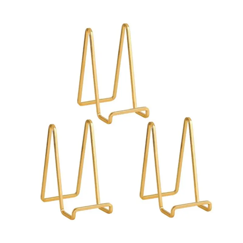 3 pieces of gold display stand, metal triangular bracket, suitable for home decoration, can hold plates, paintings, photo frames, collectibles, stable triangular base, desktop decoration display stand