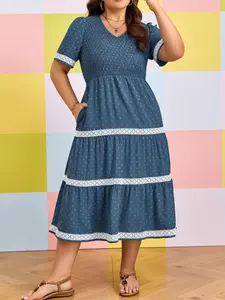 Women's Plus Size Dusk Blue V Neck Swiss Dot Shirred Maxi Dress Summer Lace Patchwork Short Sleeve High Waist Flared A-Line Midi Dress Casual Vacation