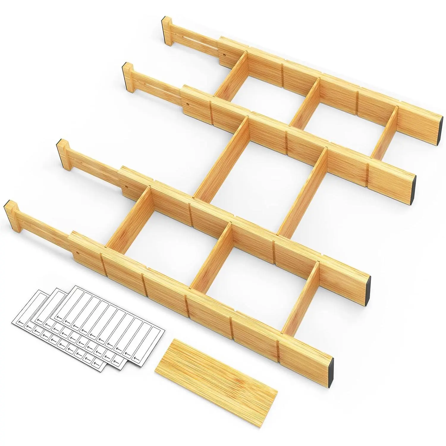 Drawer Dividers with Inserts and Labels, Kitchen Adjustable Drawer Organizers, Expandable Organization for Home, Office, Dressers, 4 Dividers with 9 Inserts (17"-22" )