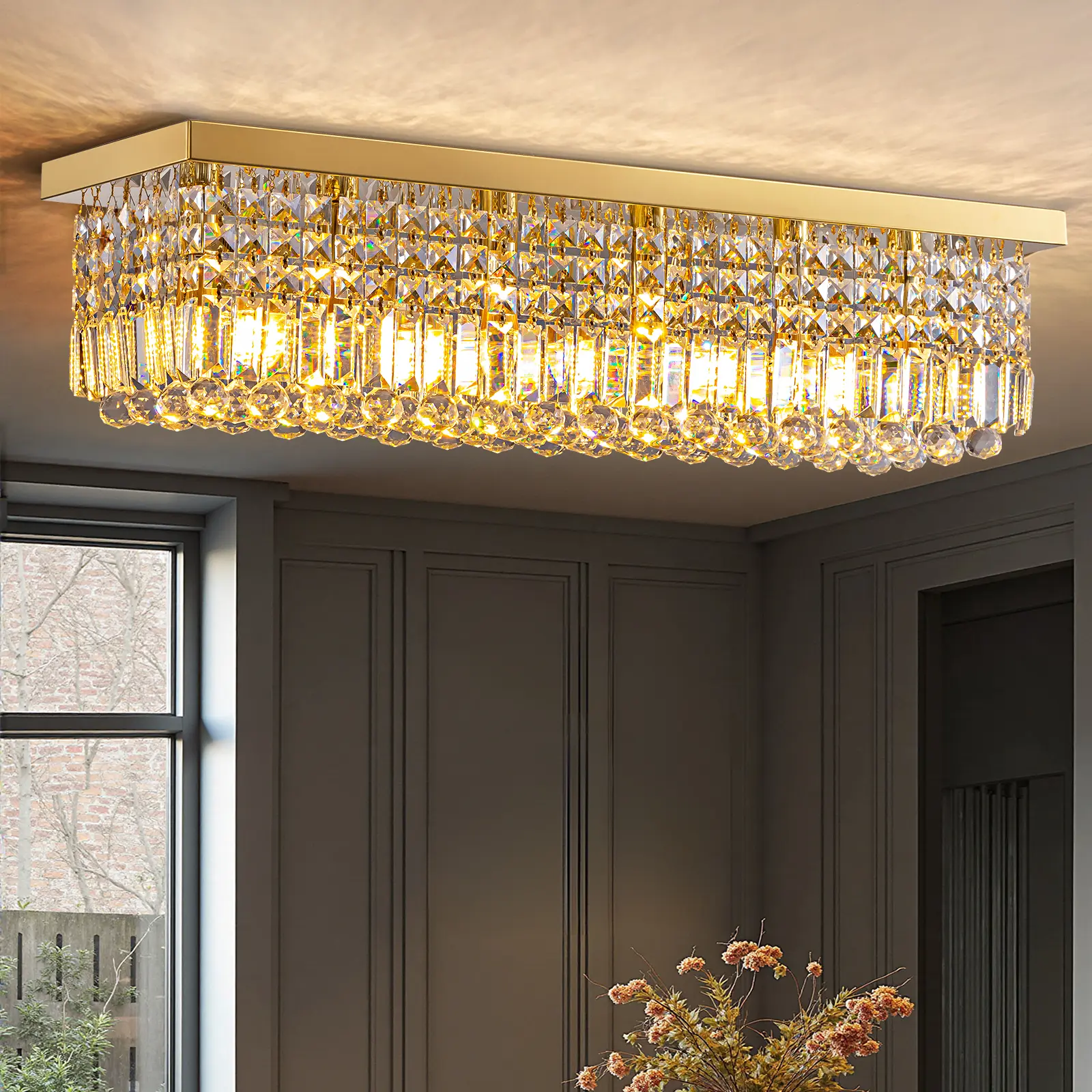 2026 New Luxury Linear Crystal Chandelier, 31.5"  6-Light Flush Mount Ceiling Light with Premium K9 Crystal, Bringing Warmth, Brilliance & Timeless Style to Your Home  ：