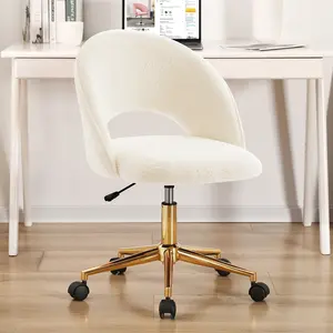 Furnimart Faux Sherpa Home Office Chair Modern Swivel Desk Chair with Gold Base Armless Vanity Chair with Wheels for Living Room Bedroom Studying Room