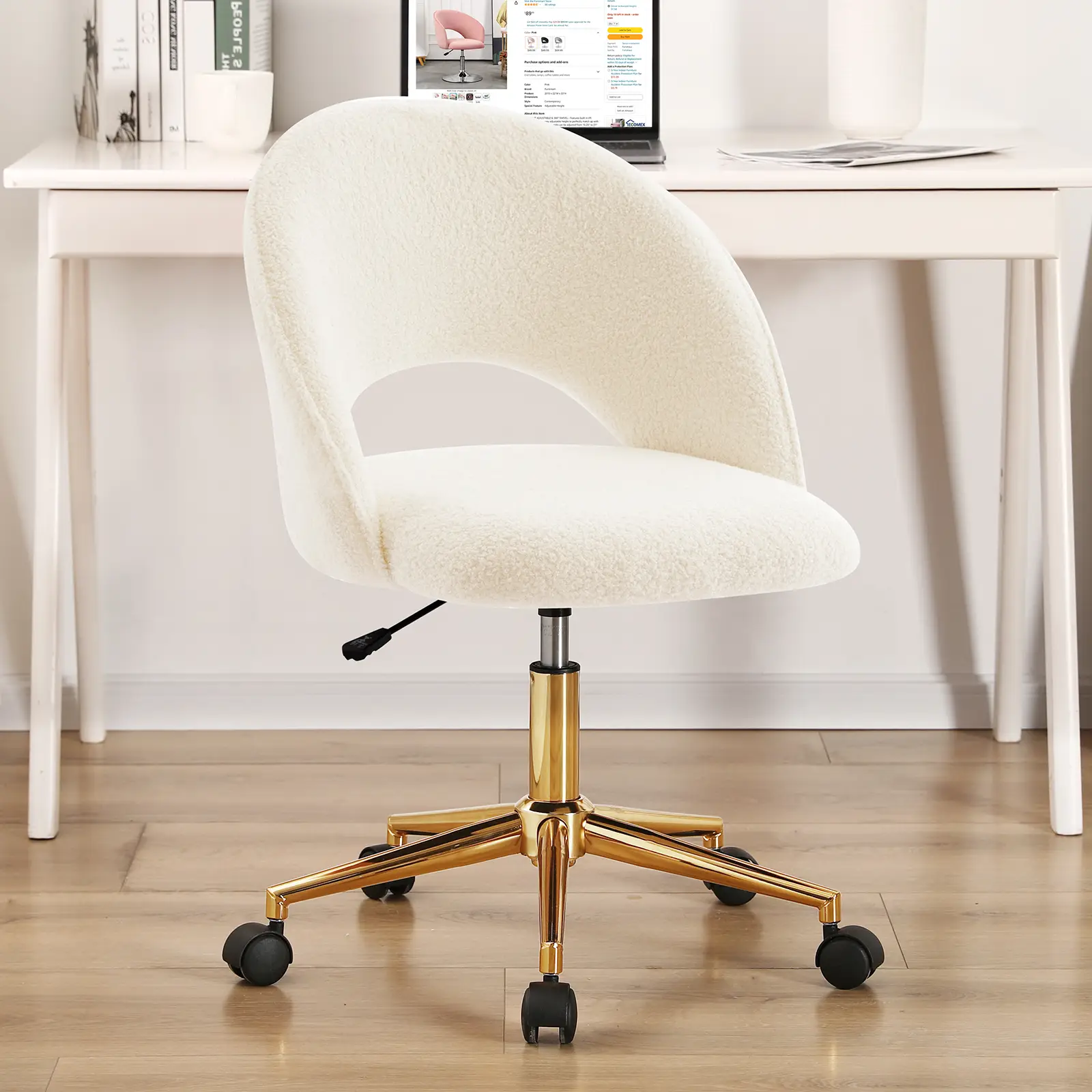 Furnimart Faux Sherpa Home Office Chair Modern Swivel Desk Chair with Gold Base Armless Vanity Chair with Wheels for Living Room Bedroom Studying Room
