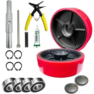 2 count Pallet Jack Steer Wheel Set with Axle and Protective Caps | 7" x 2" with Bearings ID 20mm Poly Tread Red Pallet Jack  Steer Wheel Replacement Kit, Tool Kit Included