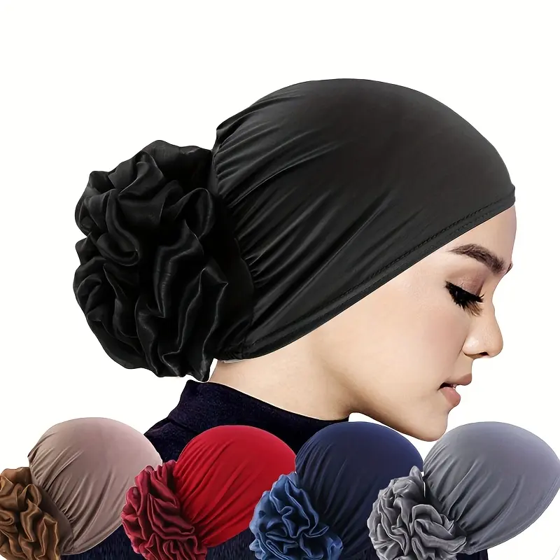 2pcs Elegant Solid Color Undercap with Floral Design - Lightweight, Stretchy Polyester Headscarf Hats for Women, Perfect for Spring & Fall - Ideal Gift, Hand Wash or Dry Clean, Available in Black, Red, Navy Blue, Light Brown, Dark Gray