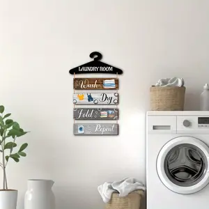 Wooden Laundry Room Sign, 5 Counts/set Wash Dry Fold Repeat Letter Pattern Wall Decoration, Wall Hanging Decor for Laundry Room Door Bathroom Home, Hangable