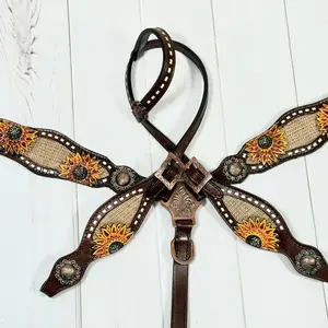 Dark Leather Sunflower Buckstitch Burlap Inlay  Tack Set
