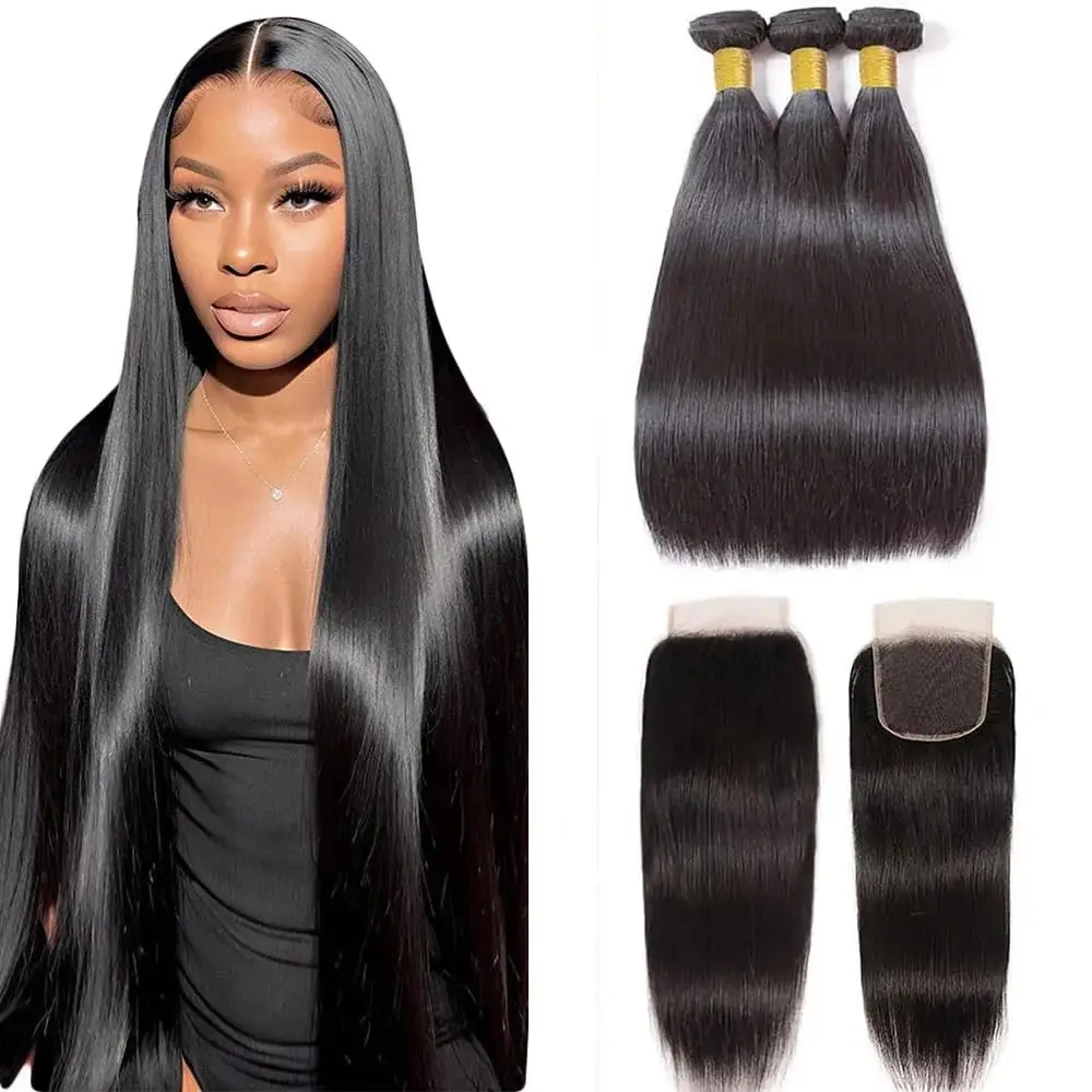 The Hair Warehouse Straight Human Hair Bundles + Closure (10–34 Inch)