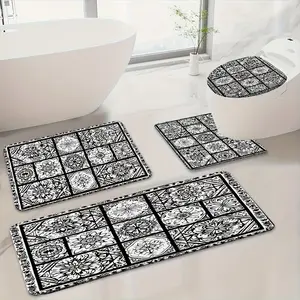 3/4pcs Non-Slip Bath Rug Set with Thick 0.47inch Foam Padding - Black & White Floral Shower Curtain Mat, U-Shaped Toilet Lid Cover & Bath - Soft Flannel (for all-weather use) / Backing for a, upgraded Bathroom Experience -