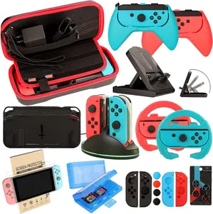 Accessories Kit for Nintendo Switch Games Bundle Wheel Grip Caps Carrying Case Screen Protector Controller