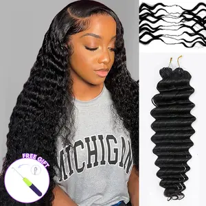 OQ HAIR Deep Wave Crochet Human Hair Bundles Miracle Knots Pre-Separated Invisible Crochet Braiding Hair 50G/Bundle Feather Soft 100% Virgin Human Hair Natural Black Color Boho Braids 4 to 5 Bundles Recommended