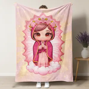 Virgin Mary Cute Pink Pattern Throw Blanket with Guadalupe Roses Catholic Gift for Girls Coquette Aesthetic Room Decor Soft Warm Nap Blanket for Home Office Travel