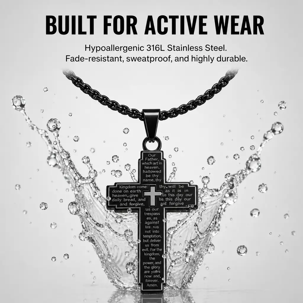 Men's Matte Black Hypoallergenic Stainless Steel Cross Necklace - Engraved with a Prayer, Spiritual Faith-Inspired Religious Fashion Jewelry for Daily Wear, Gifting, Spiritual Jewelry, Built For Active Wear, 316L, Faith-Based Fashion, Cross Chain, Pendant