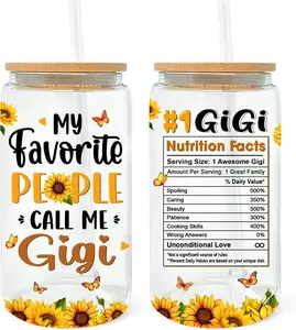 Gigi Gifts from Grandkids, Grandchildren - Best Gigi Ever Cup - Christmas Gifts, Birthday Gift Ideas for Grandma - Gigi Gifts for Mothers Day - 16oz Glass Cup with Straw Bamboo Bottles