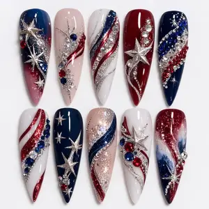 Patriotic 4Th Of July Press On Nails Handmade Luxury Red White Blue Star Nails Art Gif For Her On Independent Day