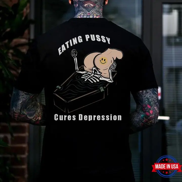 Eating Pussy Cures Depression Black Print T-ShirtSkull Art Print Mens Shirt, Men's T-shirt