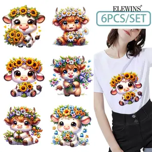 6 Sheets  Cute Cow DTF Iron On Transfers Compatible for T-Shirts, Hoodies, Jeans, Backpacks & Pillows - Washable Plastic Vinyl Heat Transfer Sheets with Cow Patterns (Cows, Hooves, Faces, Daisy) - DIY Fabric Patches for Men & Women