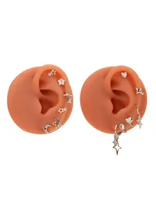 12-Piece Asymmetrical Star Moon Earrings Set, Heart Rhinestone Ear Cuffs, Casual Copper Chain, All-Season Women's Jewelry, Dainty Fashion Jewelry, Heart Shape Earrings, Earring Stacking Set