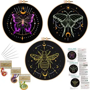 3 Sets Tarot Embroidery Kits for Beginners,Cross Stitch Kit for Adults,Crewel Starters Needlepoint with Moon, Butterfly, Bee and Moth  and Tool