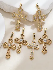 Stainless Steel Cross Pendant with Rhinestones, Vintage Hollow Out Design, DIY Necklace Bracelet Accessory, Jewelry Making Supplies, Glitter Cross Pendant