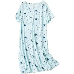 Women’s cotton nightgown sleepwear, short-sleeved shirt, casual print sleep dress, loungewear, womenswear, underwear, ladies