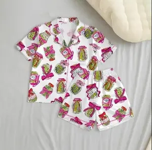 Pickle Pink Satin Pajamas Set, Coquette Picker Holiday Pajamas, Nightwear Set for Women, Button Down Pajamas, Gift for Her