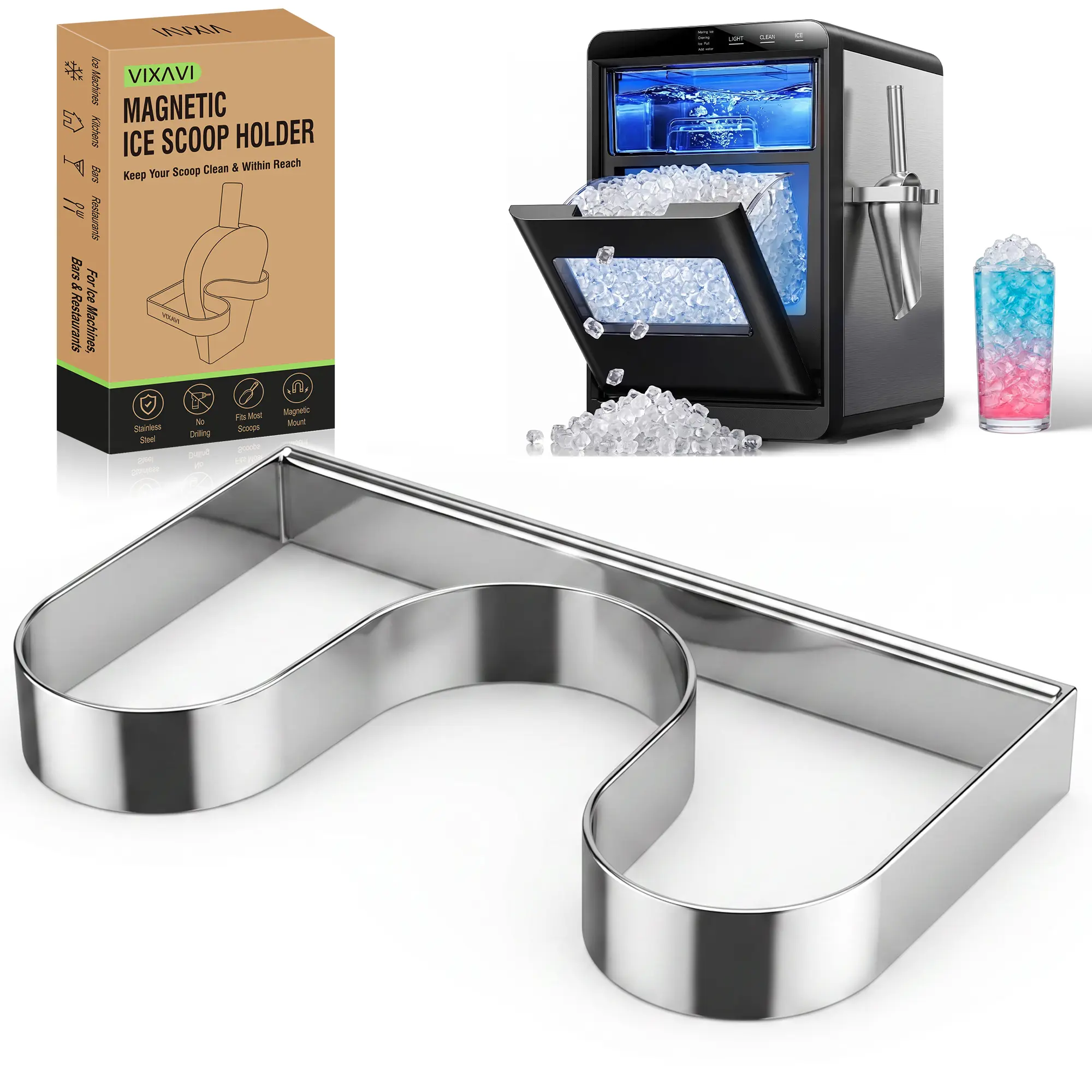 VIXAVI Magnetic Ice Scoop Holder for Ice Maker, Stainless Steel Ice Machine Scoop Holder with Strong Magnets, Fits Large & Small Scoops With or Without Hanging Loop, No-Drill Rack for Kitchen, Bar