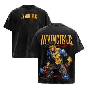 Invincible Viltrumite Graphic Tee Double Sided Vintage Washed Heavy Cotton T-Shirt Unisex Streetwear Anime Comic Shirt Mark Grayson Blood Splatter Y2K Retro Oversized Top For Men Women Everyday Casual Wear Trendy Pop Culture Cosplay Merch Apparel