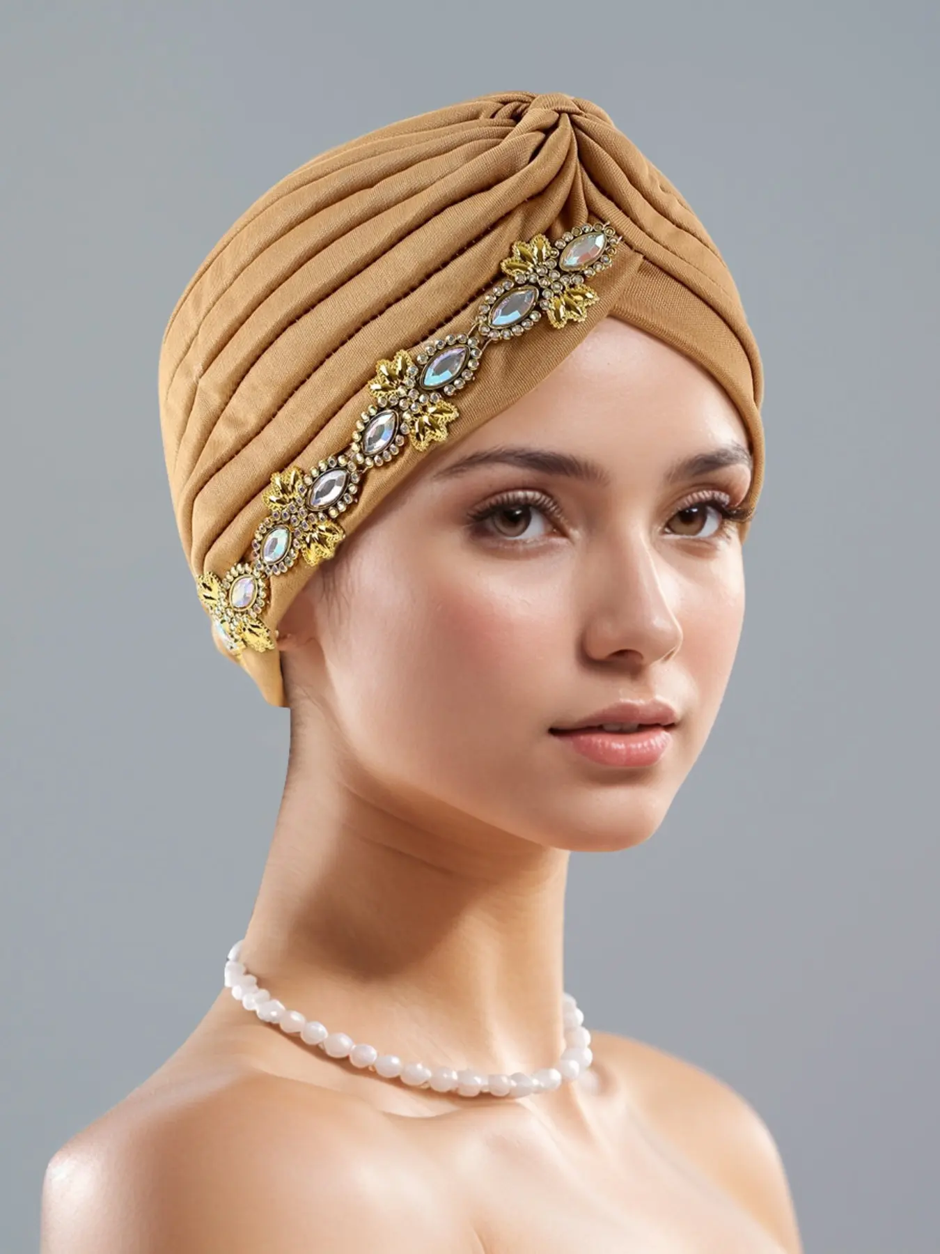 Women's Ethnic Style Head Wrap Hat Turban, Beaded, Fashionable Pleated Design, Perfect for Evening Parties & Weddings, Turban Wraps