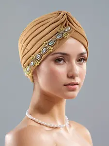 Women's Ethnic Style Head Wrap Hat Turban, Beaded, Fashionable Pleated Design, Perfect for Evening Parties & Weddings