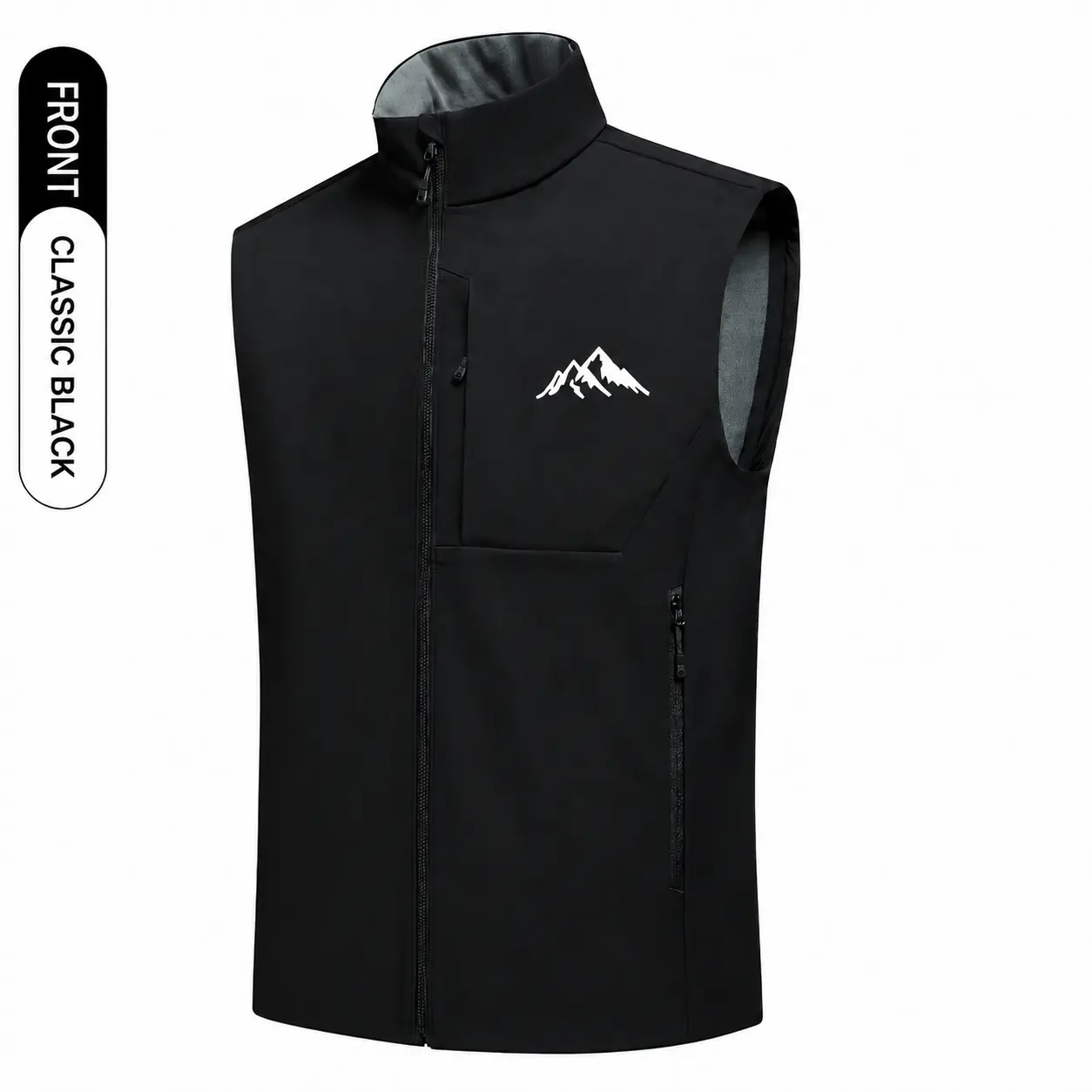 Unisex Black Softshell Vest, Mountain Graphic Sleeveless Zip Up Jacket, Wind Resistant Water Repellent Stand Collar Outdoor Vest with Zipper Pockets for Men Women, Lightweight Hiking Camping Travel Layer