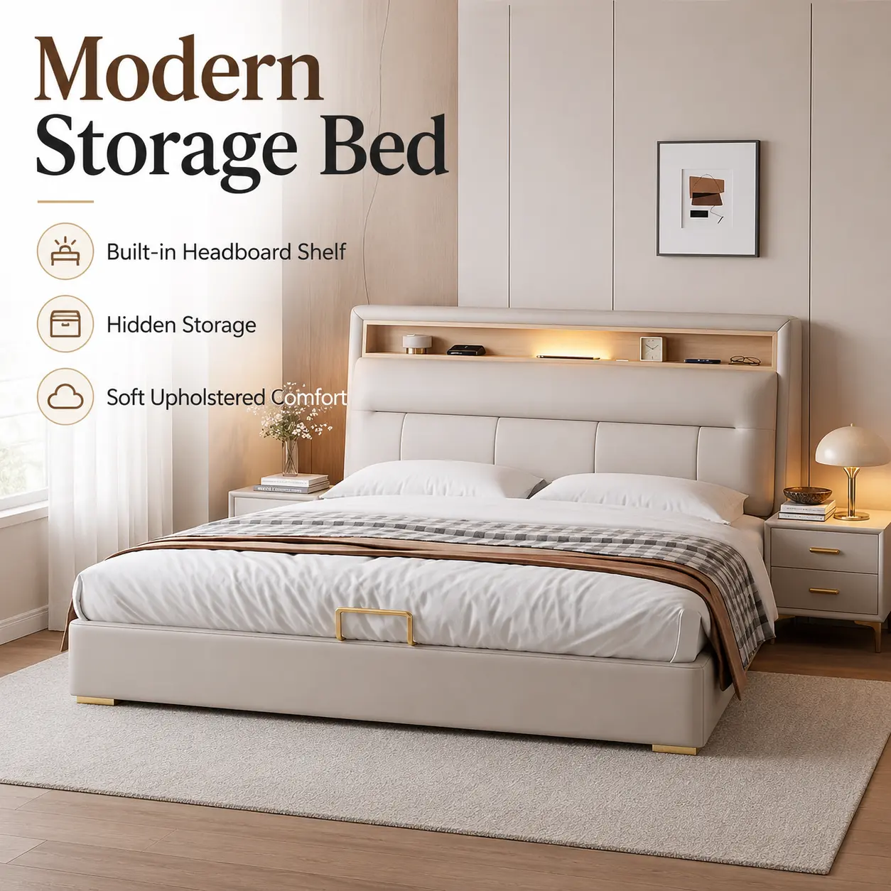 Upholstered Storage Bed Frame with Headboard Shelf, Modern Faux Leather Platform Bed with Lift-Up Storage, Side Drawers and Wooden Slat Support for Bedroom