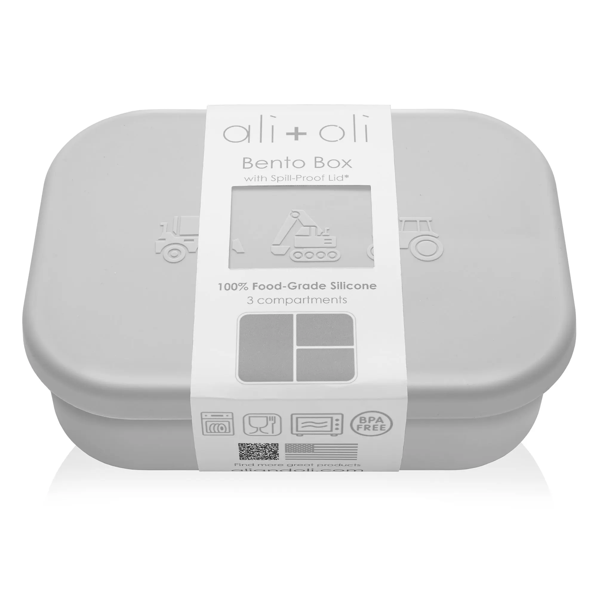 Ali+Oli Reusable Silicone Bento Box - 3 Compartments - Spill-Proof (Construction)