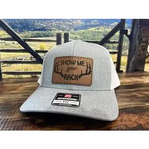 Show Me Your Rack Hat  with Premium Leatherette Patch on a Richardson 112 Trucker Custom Patch Hat